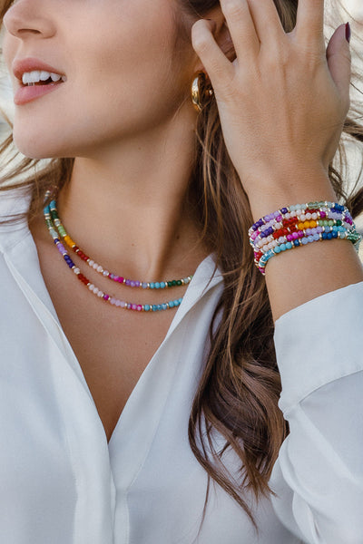 Multi Coloured & Gold Glass Beaded Necklace