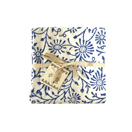 Cottage Block Print Tea Towel - White With Blue Flowers