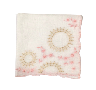 Vintage Hankie With Pink Embroidered Flowers & Yellow Stitching