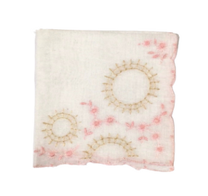 Vintage Hankie With Pink Embroidered Flowers & Yellow Stitching