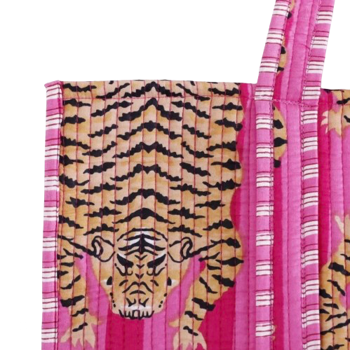 Pink Tiger Cotton Quilted Tote Bag
