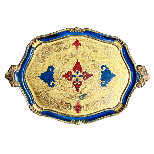 Vintage Italian Florentine Navy Blue & Gilt Wooden Tray c.1960s
