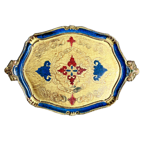 Vintage Italian Florentine Navy Blue & Gilt Wooden Tray c.1960s