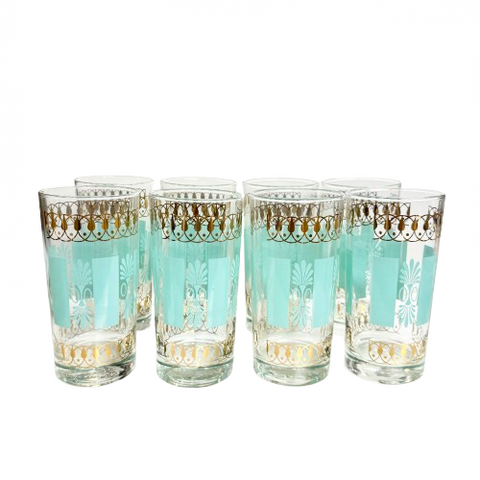 Vintage MCM Gold & Turquoise Hallball Glasses s/8