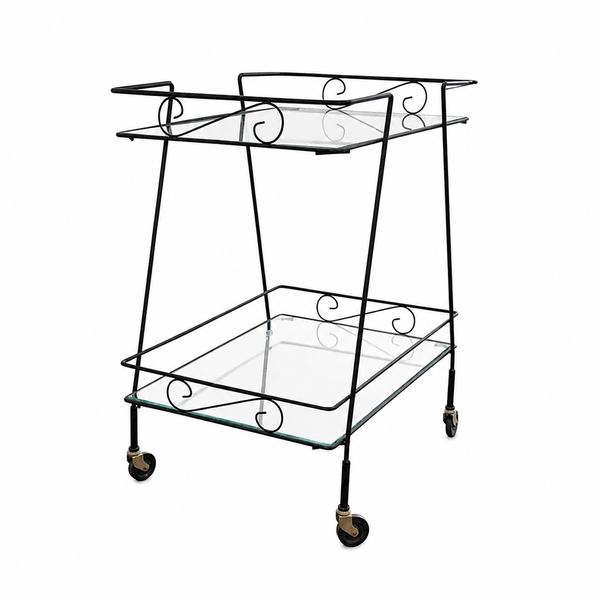 Vintage Glass & Black Metal Bar Cart