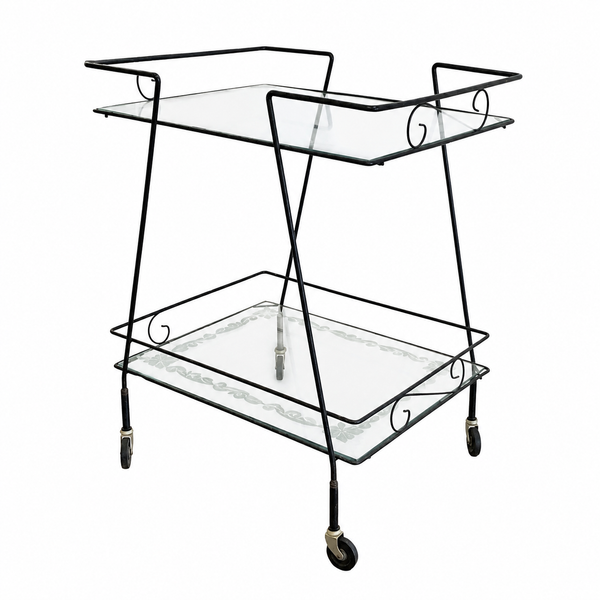 Vintage Glass & Black Metal Bar Cart