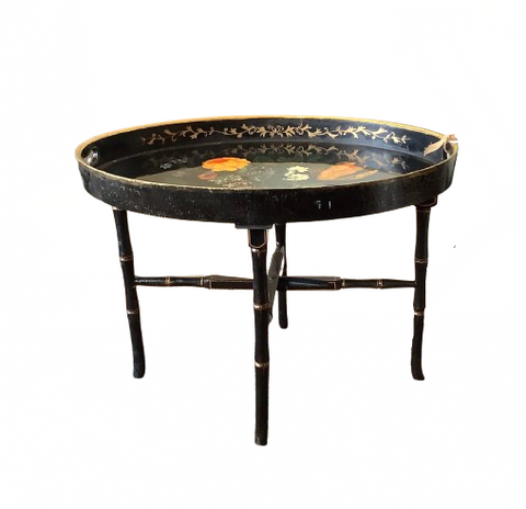 Vintage Handpainted, Lacquered Oval Tray with Stand