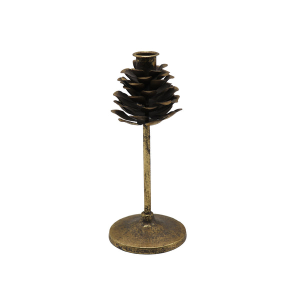 Metal Pine Cone Single Taper Antiqued Gold Candle Stick