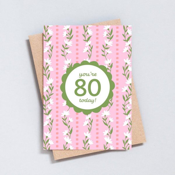You're 80 Today Floral Stripe Birthday Card