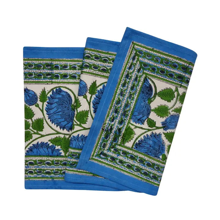 Kamal Aqua Block Print Table Runner - Blue, White & Green