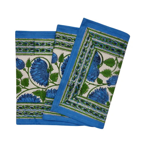 Kamal Aqua Block Print Table Runner - Blue, White & Green