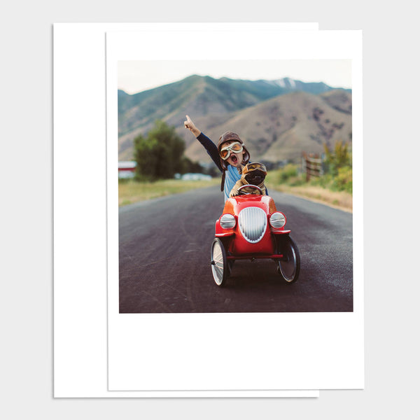 Kid and Dog Racer Happy Birthday Greeting Card