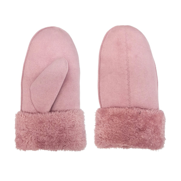 Ladies Faux Suede Mittens with Sherpa Cuff - Pink