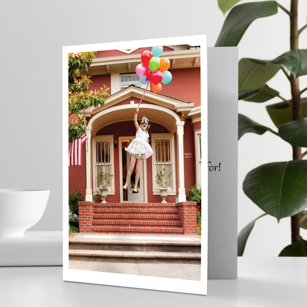 Girl Floating Balloon Happy Birthday Greeting Card