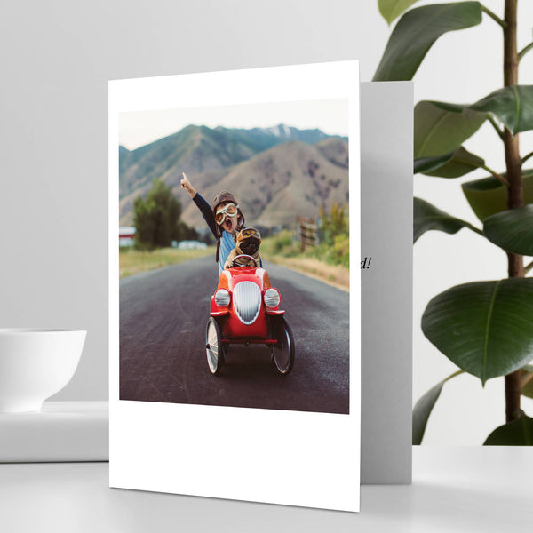 Kid and Dog Racer Happy Birthday Greeting Card