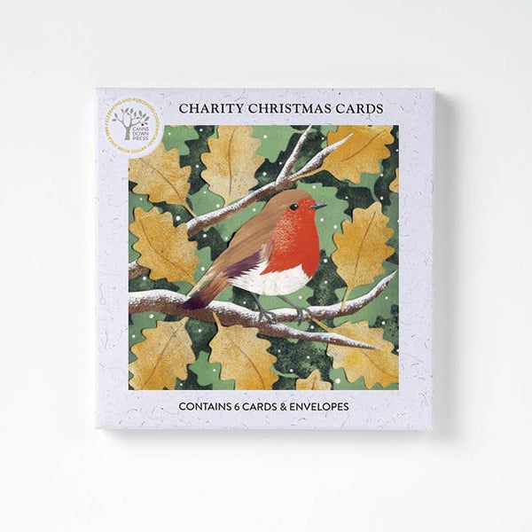 Robin And Oak Leaves - Christmas Card Pack s/6