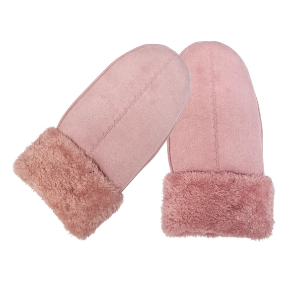 Ladies Faux Suede Mittens with Sherpa Cuff - Pink