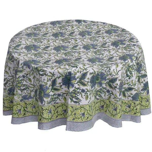 Green & Blue Flower Block Printed Tablecloth