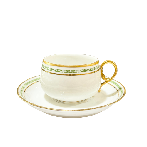 Vintage Limoges Green Greek Key Teacup & Saucer