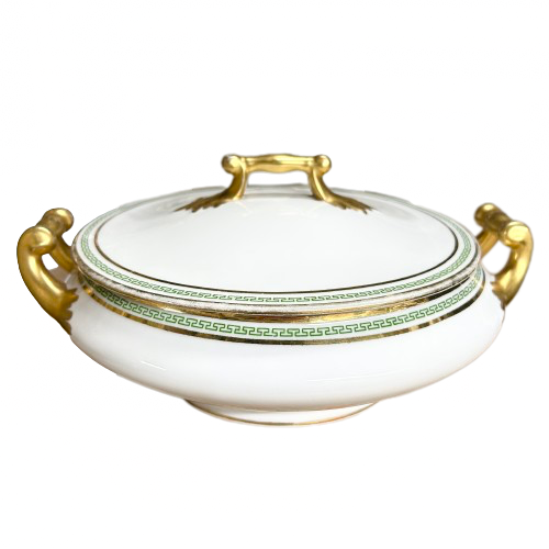 Vintage Limoges Green Greek Key Covered Casserole Dish