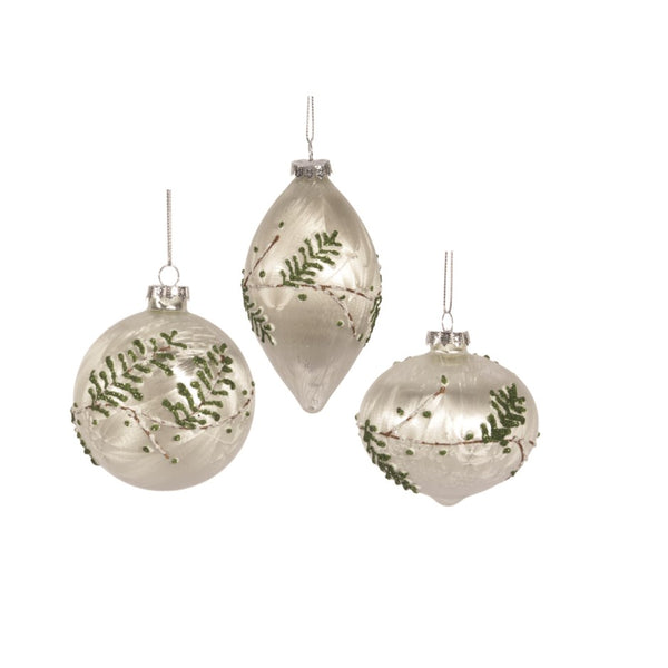 Silver Glass Ornaments with Evergreen Branches