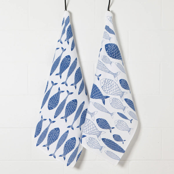 Fish Print Royal Blue Floursack Tea Towel