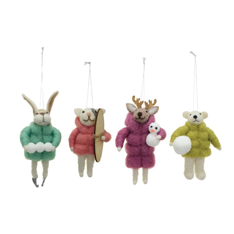 Wool Felt Animals in Winter Coats Ornaments