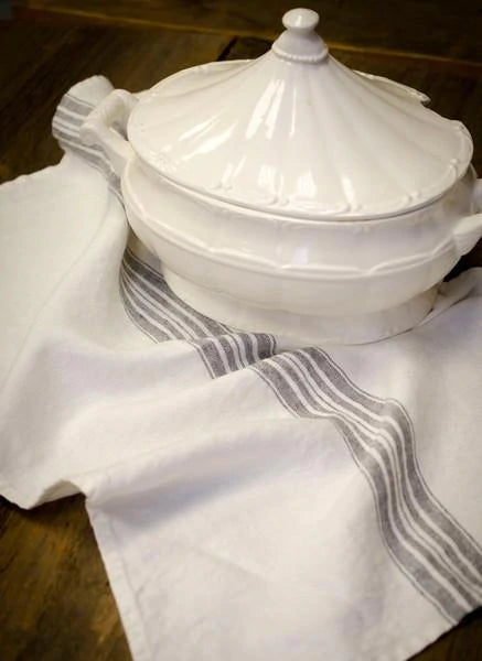 Maison White/Charcoal Stripe Linen Tea/Hand Towel