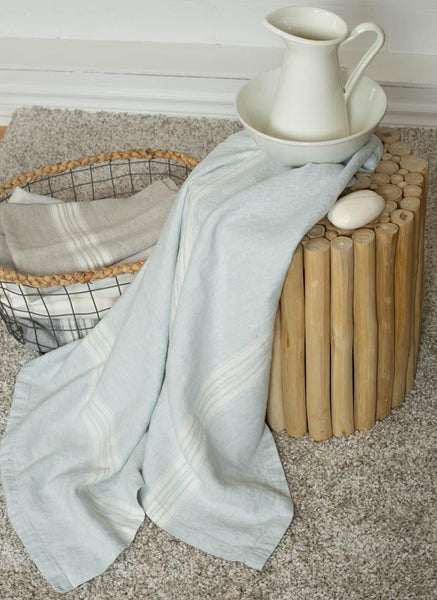 Linen Bath Towel - Mineral Blue with White Stripes