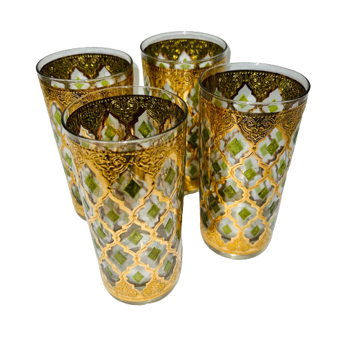 Vintage Set of 4 Gold & Green Tumbler Glasses