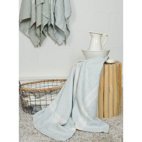 Linen Bath Towel - Mineral Blue with White Stripes
