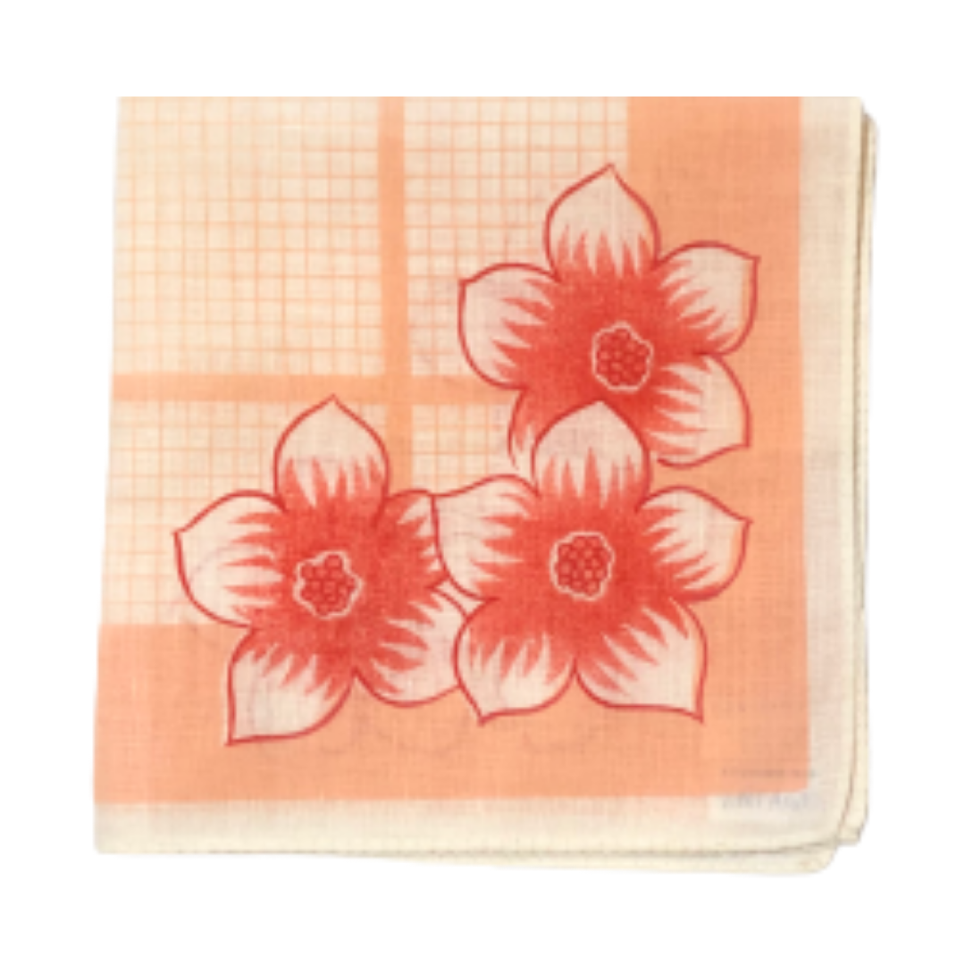 Vintage Peach Hankie With Red Flowers