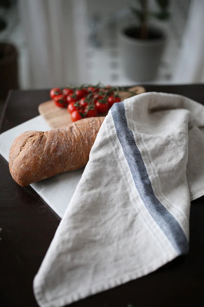 Casa Beige/White & Navy Stripes Linen Tea/Hand Towel
