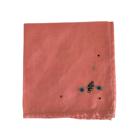 Vintage Peach Hankie with Blue Embroidery