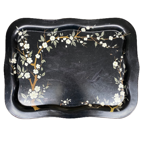 Vintage Cherry Blossom Black Tin Tray