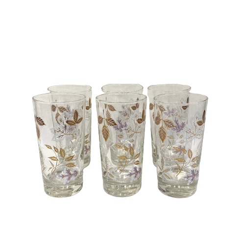 Vintage Set of 6 Purple, White & Gold Leaf Tumblers