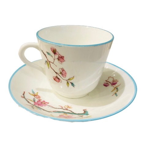 Vintage Pink Floral With Blue Rim Cup & Saucer